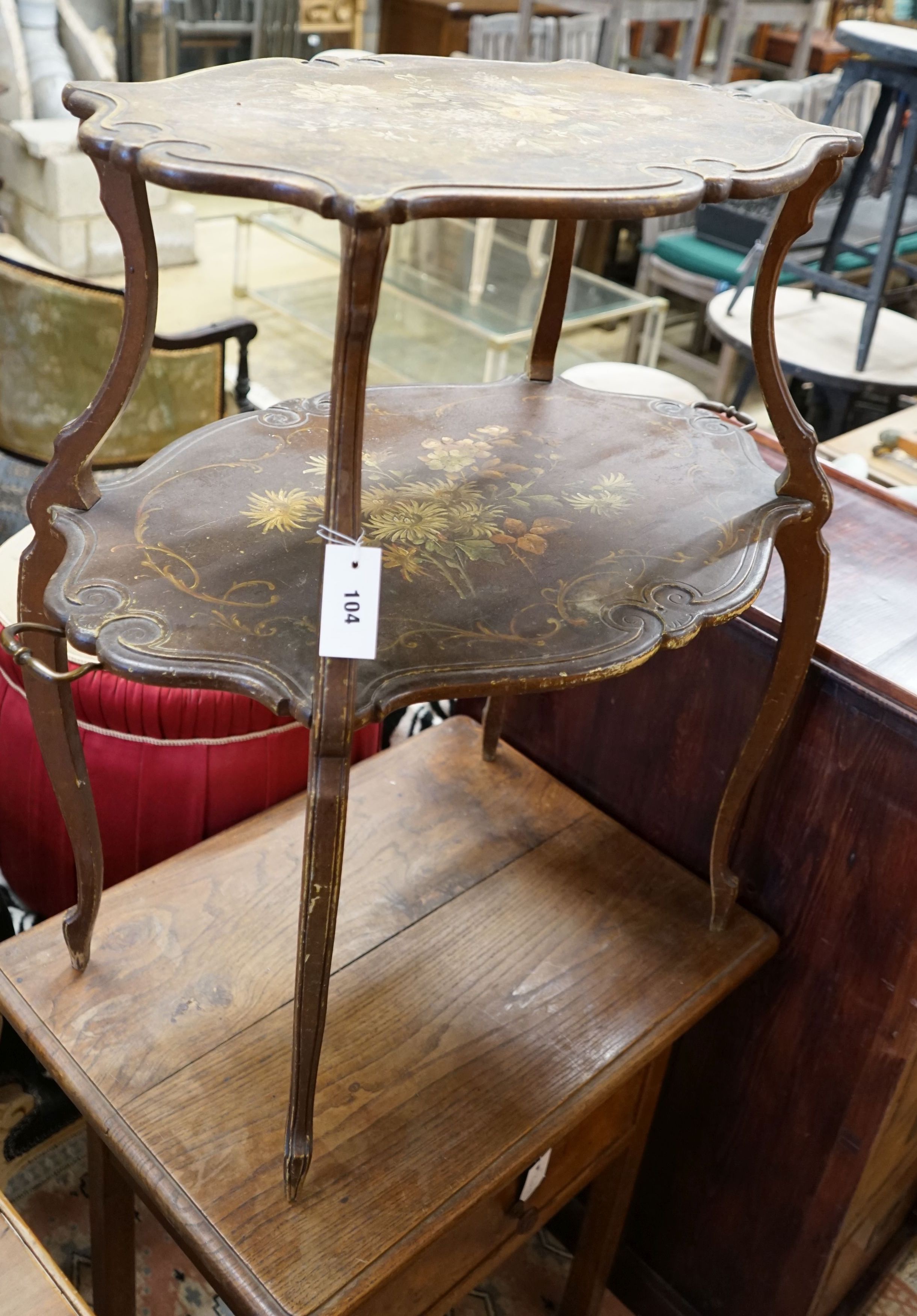 A 19th century painted two tier etagere, width 80cm, depth 50cm, height 84cm